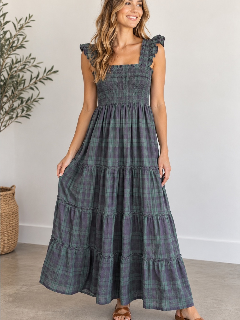 Hill House Home The Nap Dress Plaid Smocked Ruffle Maxi Dress Size S